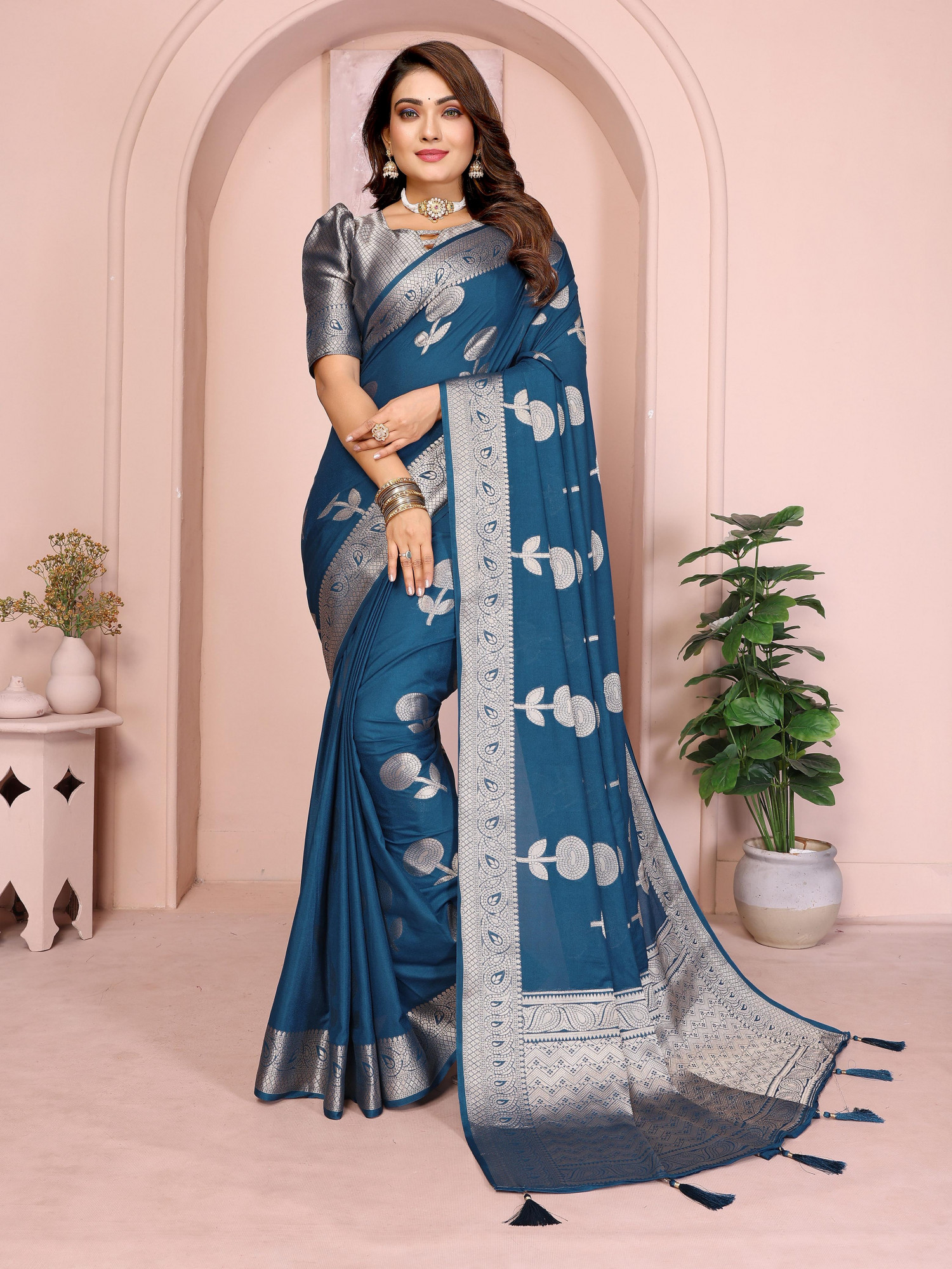 Teal Banarasi Soft Georgette Silk Zari Weaved Rich Pallu Border Saree
