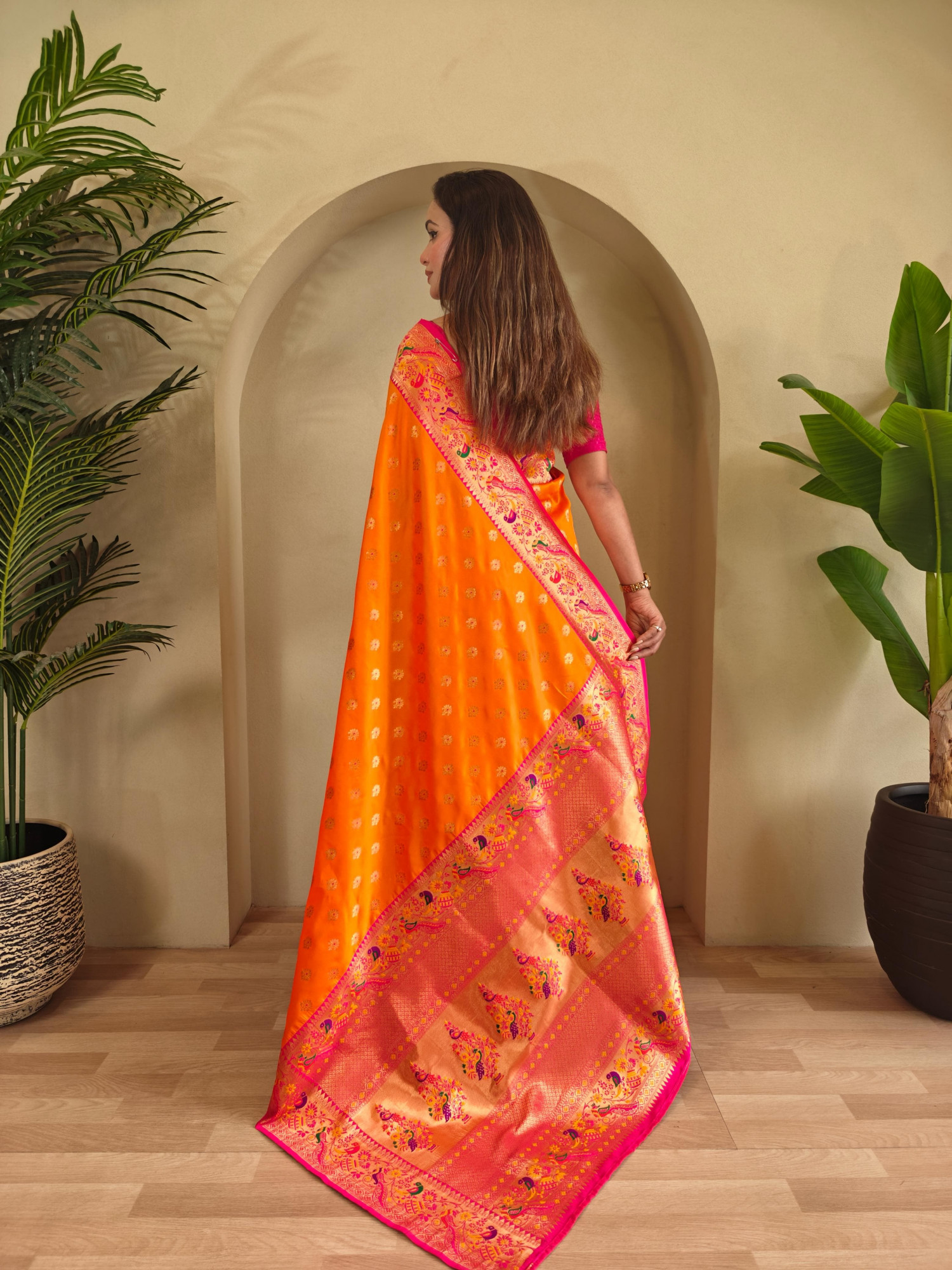 Orange Banarasi Paithani Silk Zari Meena Weaved Contrast Saree