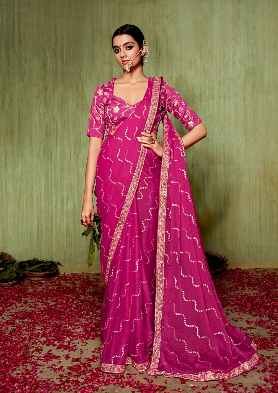 Pure Chiffon Foil Print And Embroidery Sequence Border Saree