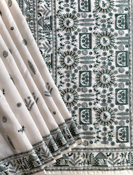 Image of Off White Pure Tussar Green Resham Embroidery Work Saree