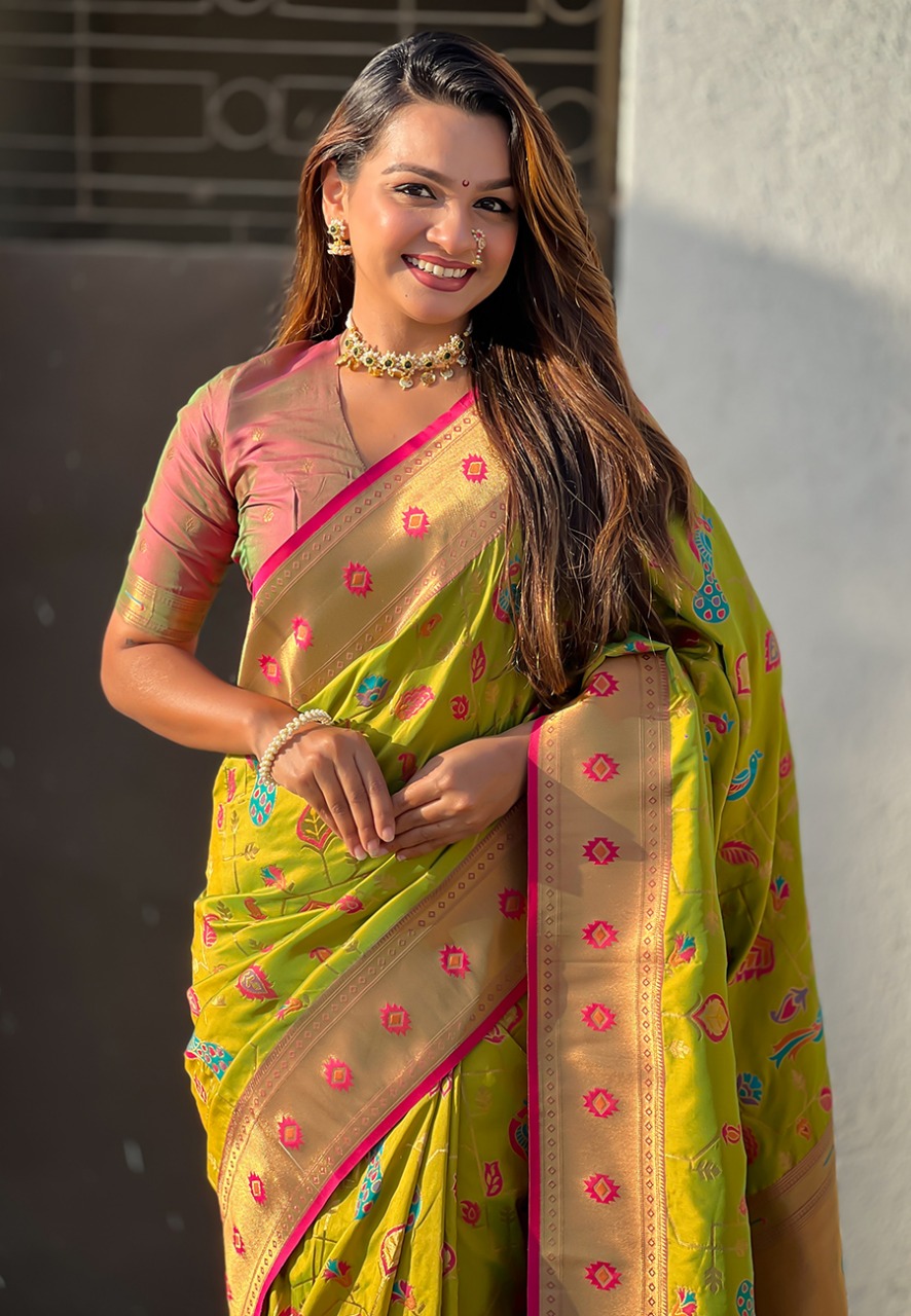 Mehendi Green Pure Banarasi Paithani Silk Zari Meena Weaved Saree