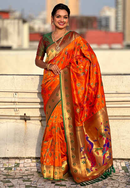 Image of Orange Pure Banarasi Paithani Silk Zari Meena Weaved Saree
