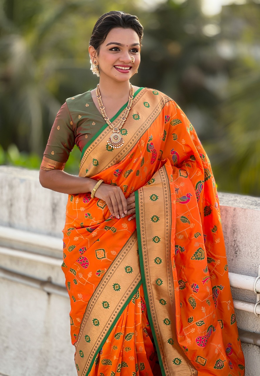 Orange Pure Banarasi Paithani Silk Zari Meena Weaved Saree