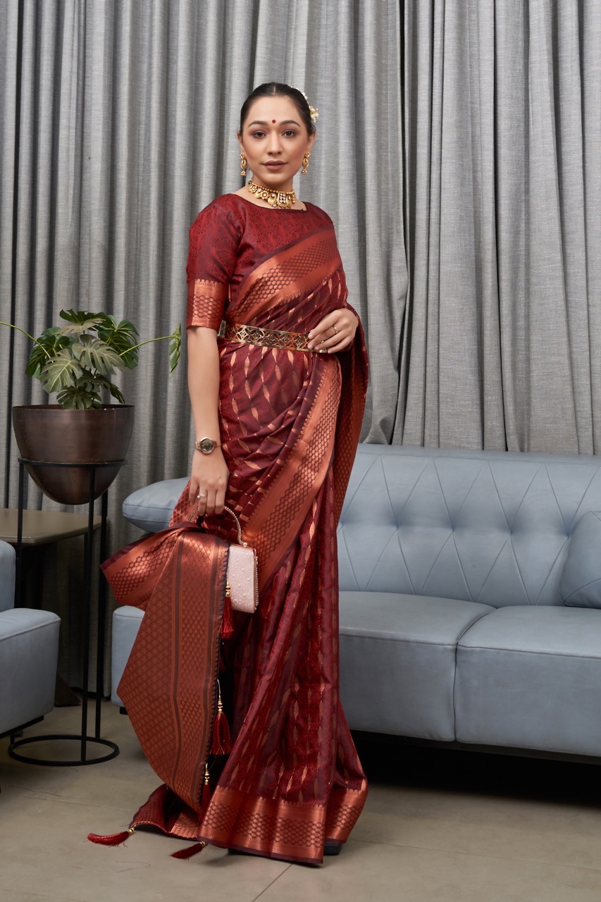 Pure Banarasi Silk Copper Zari Weaved Rich Pallu And Border Sarees
