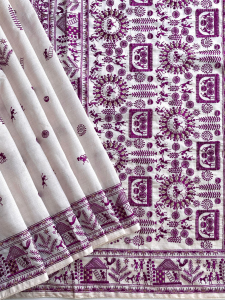 Image of Off White Pure Tussar Purple Resham Embroidery Work Saree