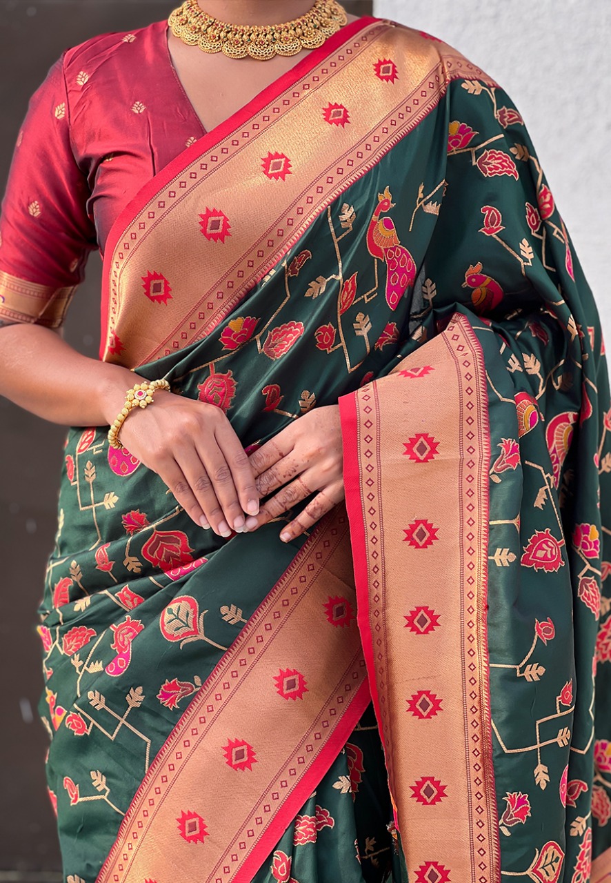 Bottle Green Pure Banarasi Paithani Silk Zari Meena Weaved Saree