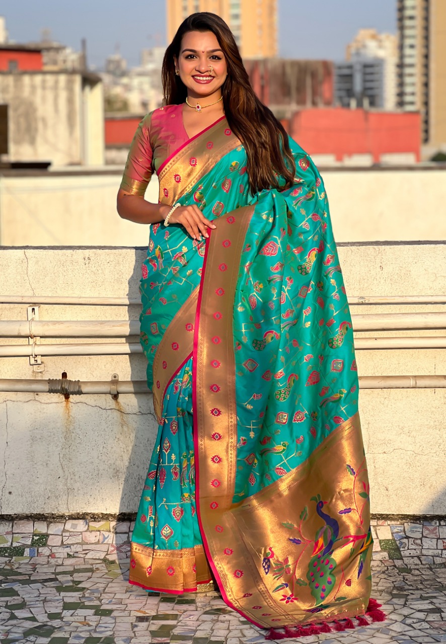 Sea Green Pure Banarasi Paithani Silk Zari Meena Weaved Saree