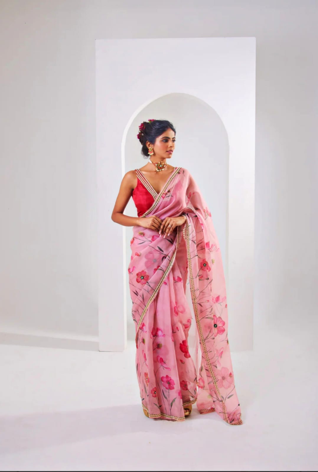 Pink Soft Organza Tebby Silk Printed Khatli Border Saree