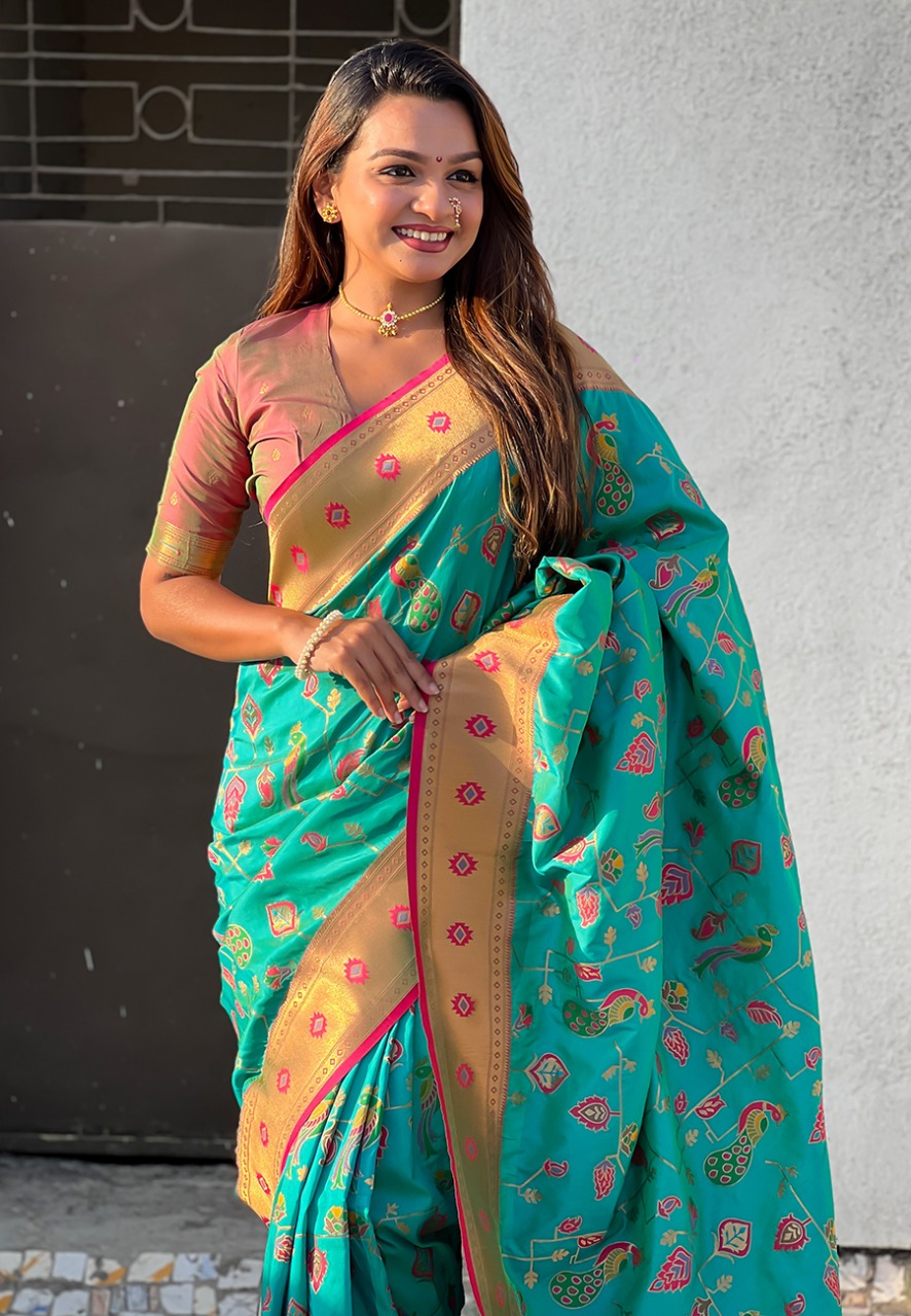 Sea Green Pure Banarasi Paithani Silk Zari Meena Weaved Saree