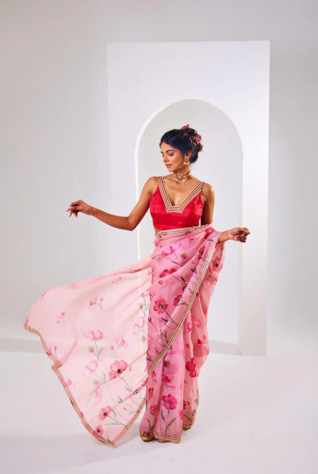 Pink Soft Organza Tebby Silk Printed Khatli Border Saree