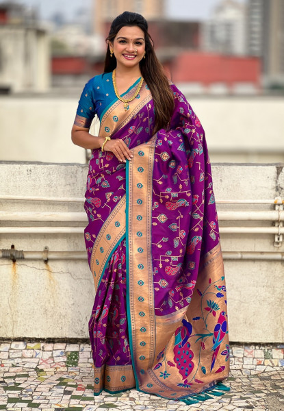 Image of Purple Pure Banarasi Paithani Silk Zari Meena Weaved Saree
