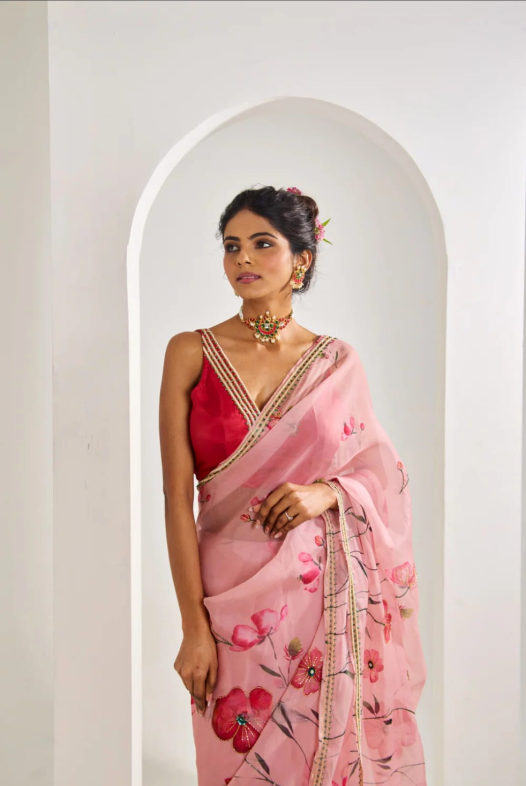 Pink Soft Organza Tebby Silk Printed Khatli Border Saree