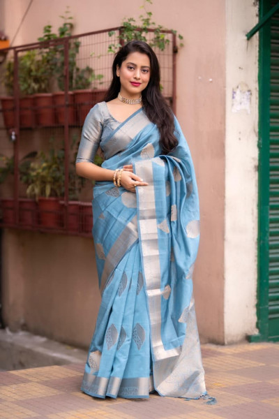 Image of Sky Blue Organza Silk Zari Weaved Rich Pallu Saree