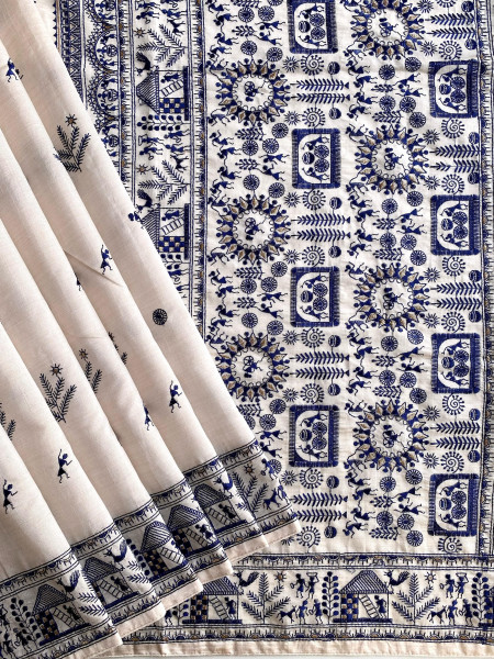 Image of Off White Pure Tussar Navy Blue Resham Embroidery Work Saree