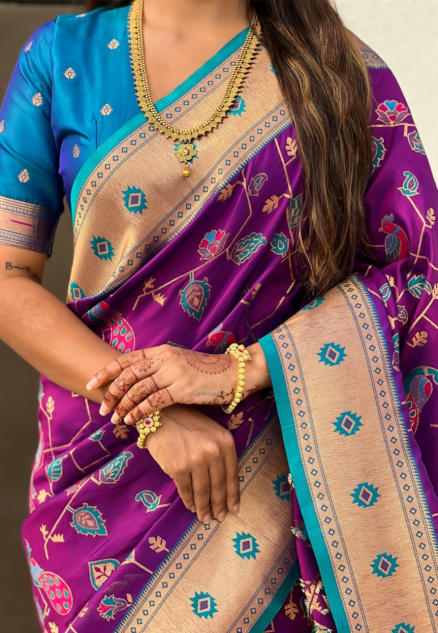 Purple Pure Banarasi Paithani Silk Zari Meena Weaved Saree