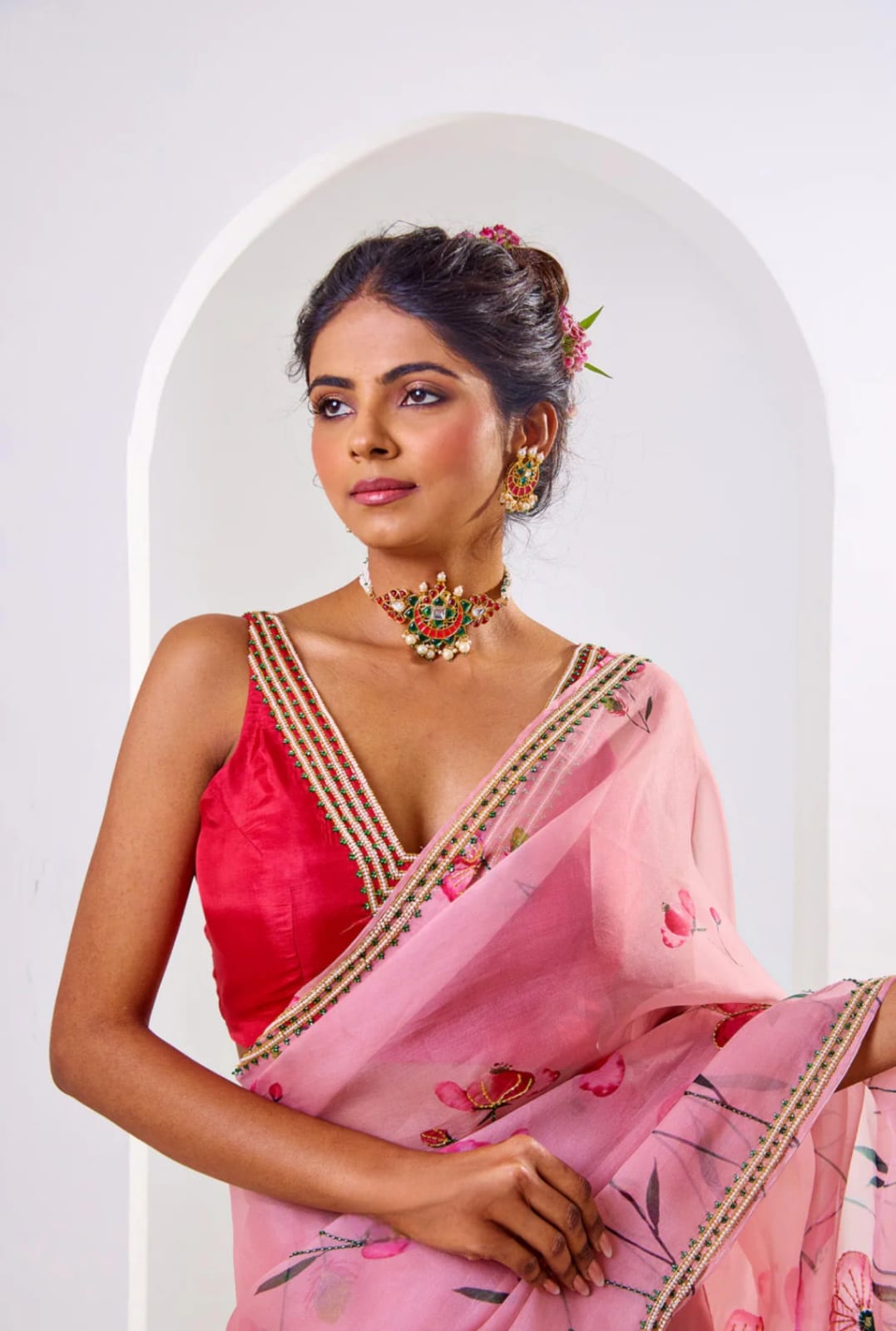 Pink Soft Organza Tebby Silk Printed Khatli Border Saree