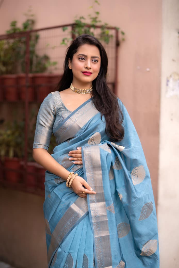 Sky Blue Organza Silk Zari Weaved Rich Pallu Saree