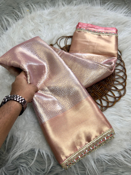 Image of Pastel Pink Pure Banarasi Tissue Silk Shimmering Silver Shine Body Gold Zari Lace Border Saree