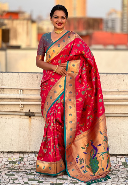 Image of Red Pure Banarasi Paithani Silk Zari Meena Weaved Saree