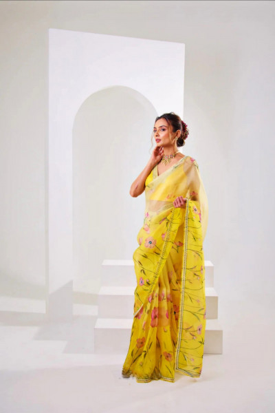 Image of Yellow Soft Organza Tebby Silk Printed Khatli Border Saree