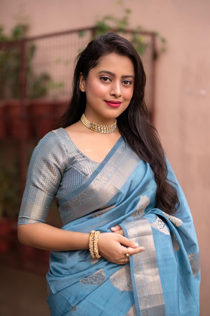 Sky Blue Organza Silk Zari Weaved Rich Pallu Saree