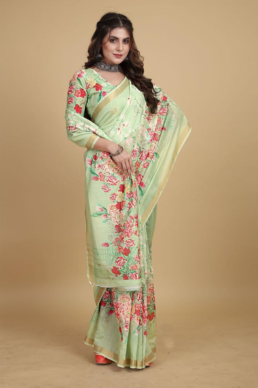 Pure Linen Digital Floral Printed With Tiny Zari Border Saree
