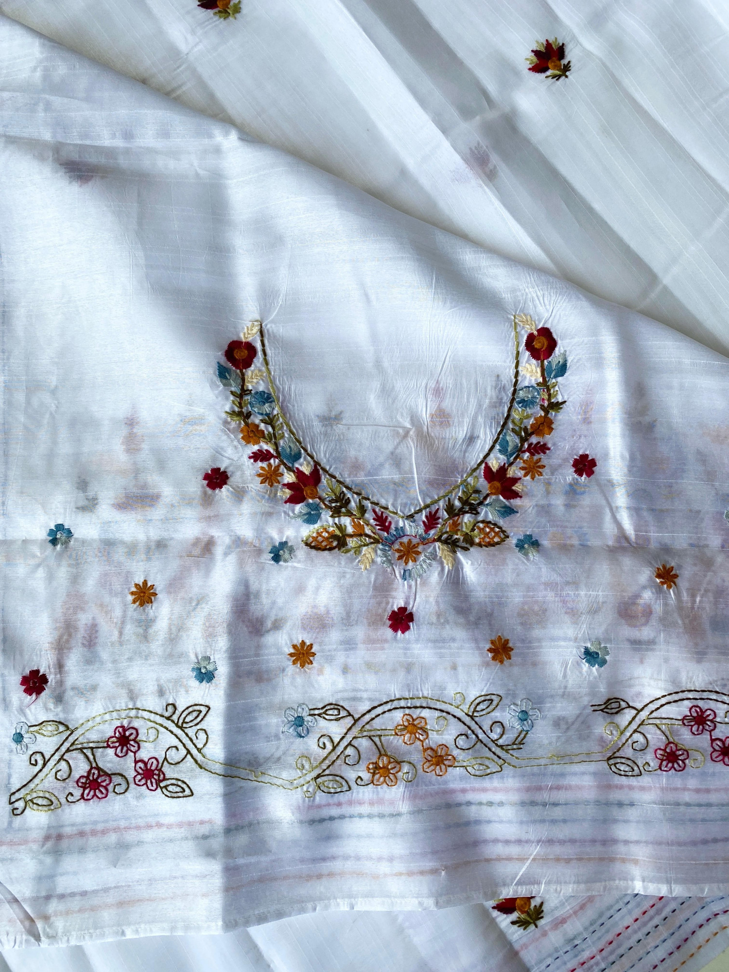 Pure White Premium Tussar Silk Multi Embroidered Saree