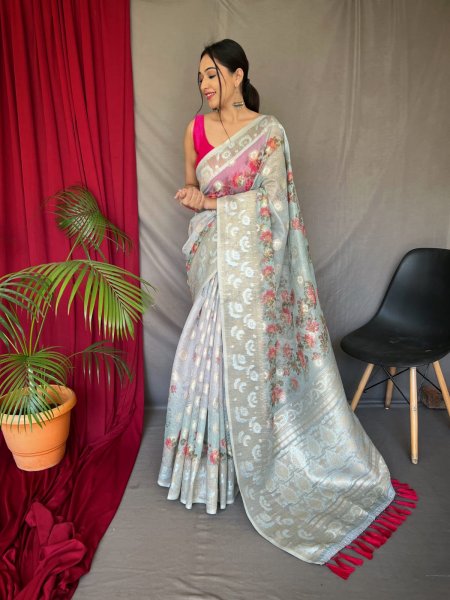 Image of Pure Mushroom Silk Printed Silver Zari Weaved Saree