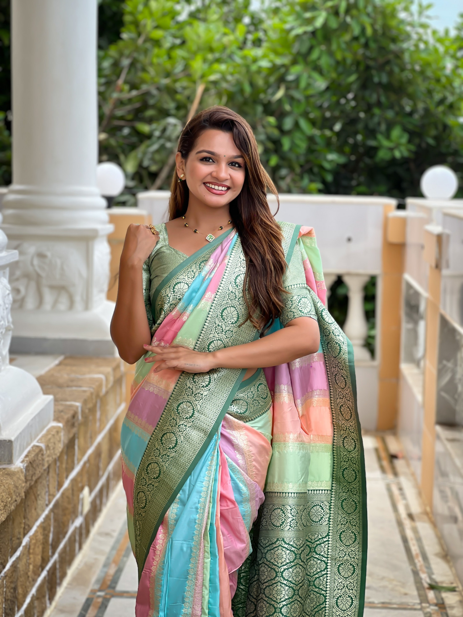 Multicolor Pure Banarasi Silk Rich Zari Weaved Pallu Green Border Saree