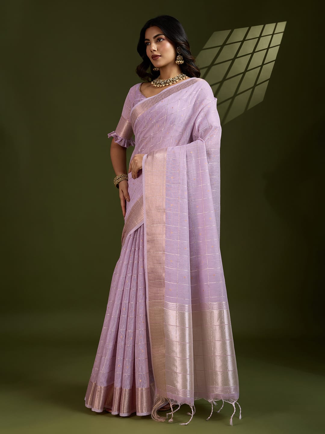 Lavender Pure Linen Tissue Silk Check Weaved Body Rich Zari Weaved Pallu Border Saree