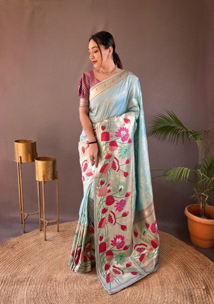 Image of Light Sky Blue Banarasi Paithani Silk Rich Zari Meenakari Weaved Saree