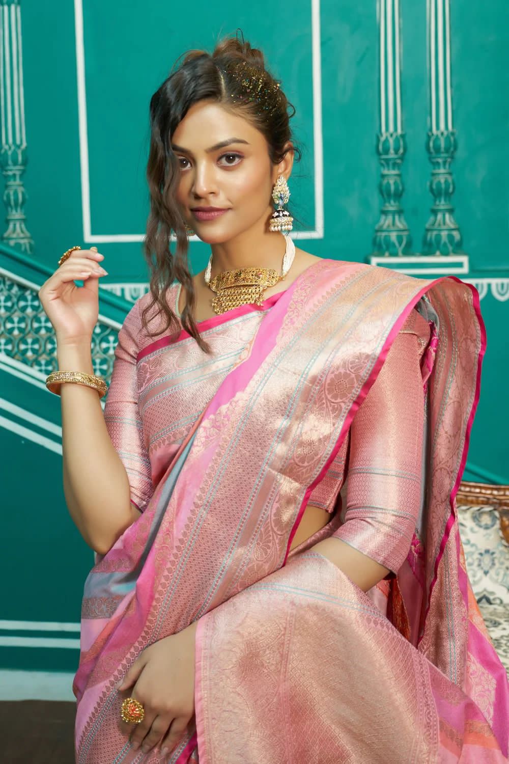 Pure Organza Silk Multi Color Lehariya Zari Weaved Pallu Saree