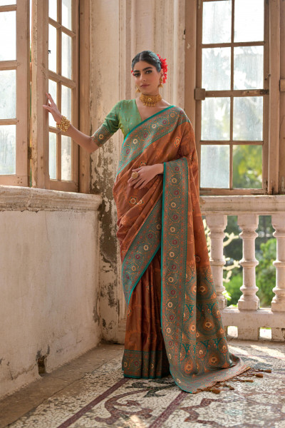 Image of Brown Pure Banarasi Silk Contrast Zari Meenakari Rich Weaved Pallu Border Saree