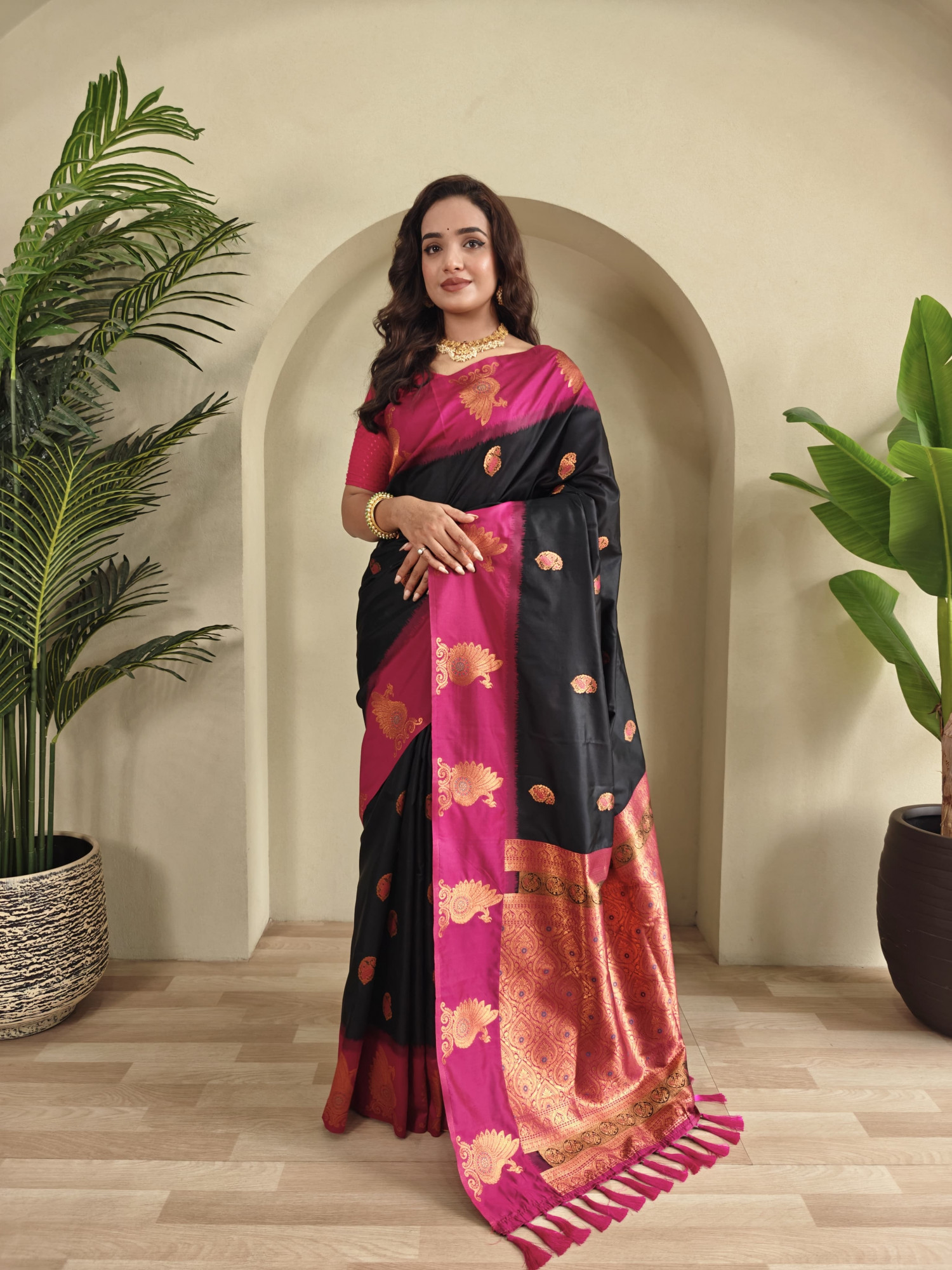 Black Banarasi Silk All Over Zari Weaved Body Motifs Border Rich Pallu Saree