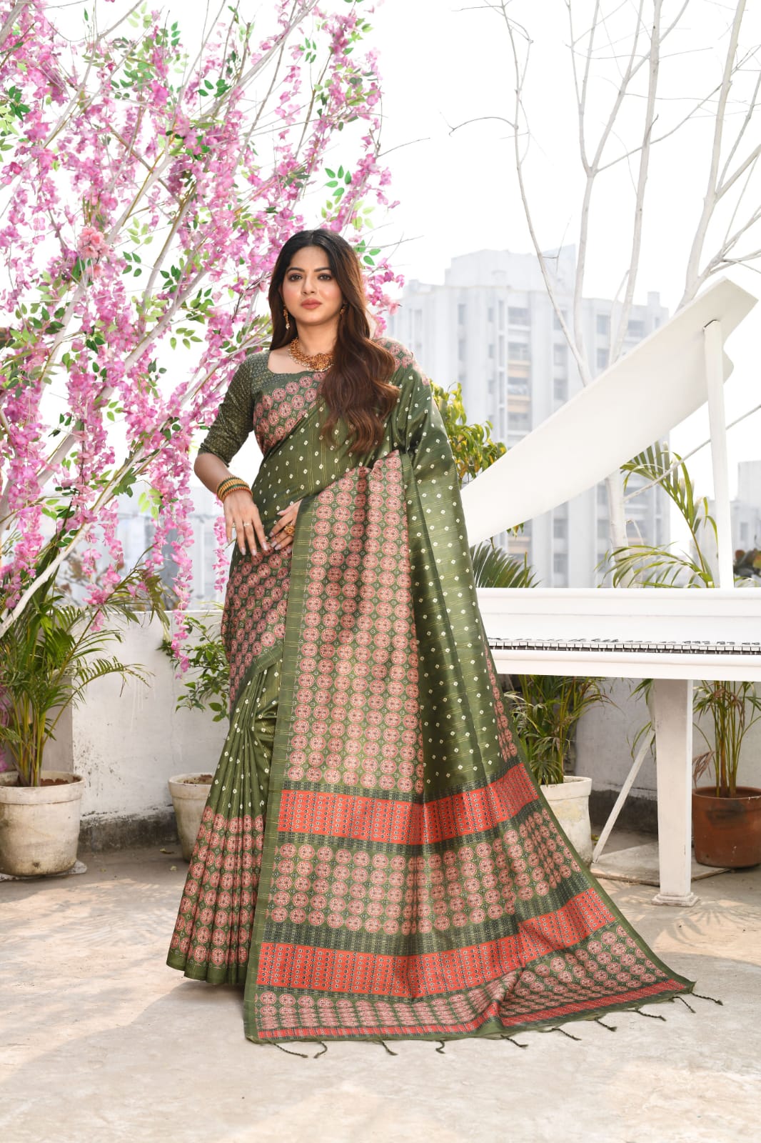 Cotton Silk All Over Zari Striped Pattern With Printed Pallu Saree