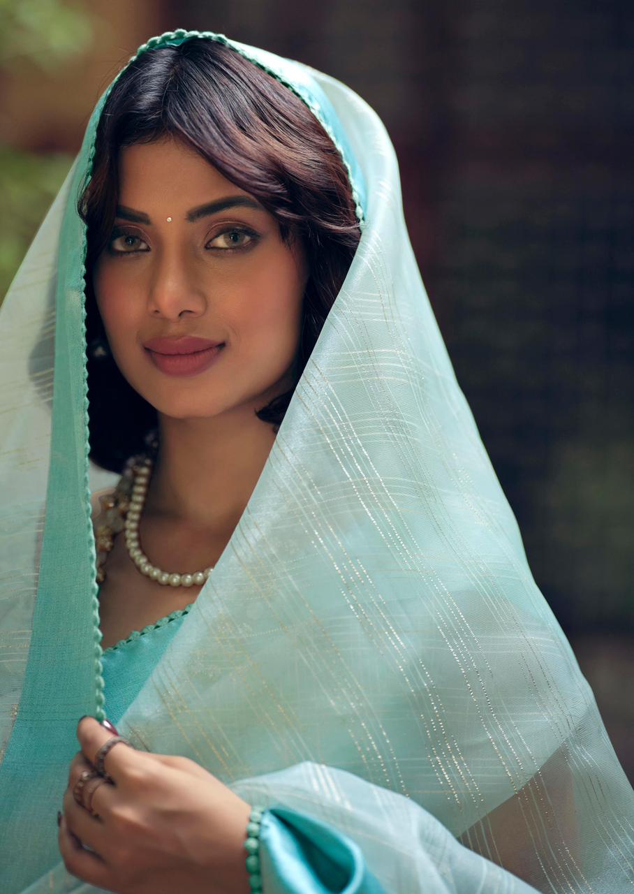 Pure Organza Silk All Over Zari Check Weaved With Satin Border Saree