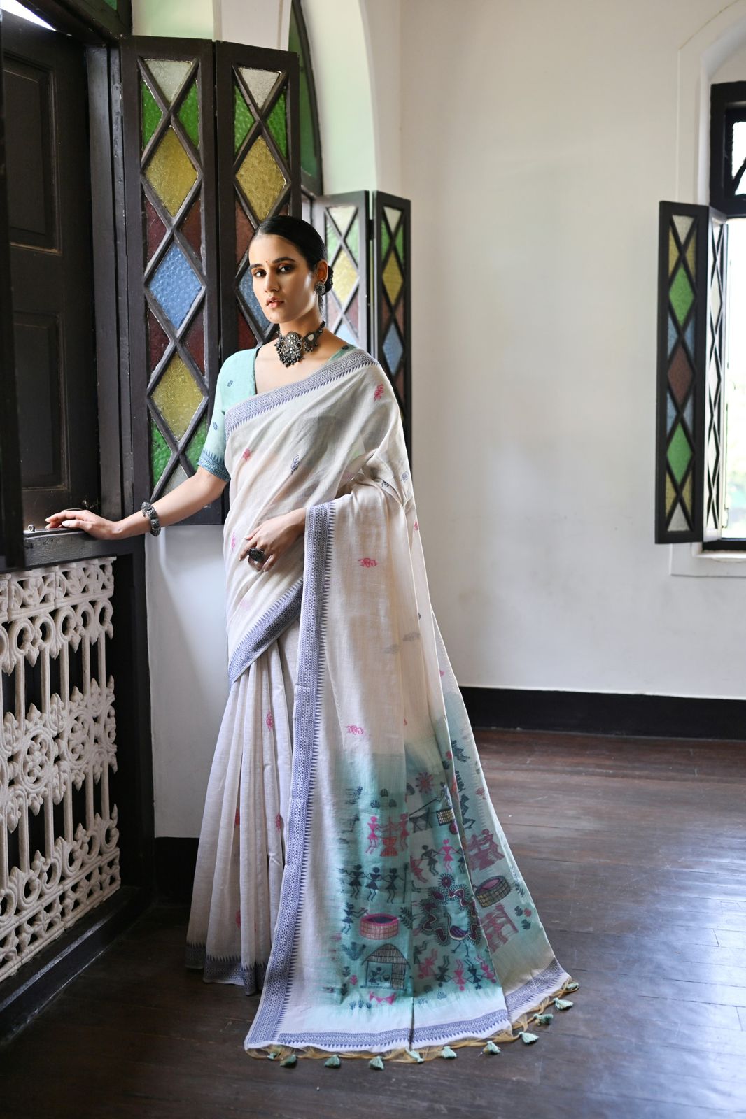 Beige Pure Muga Cotton Contrast Weaved Sea Green Pallu Saree