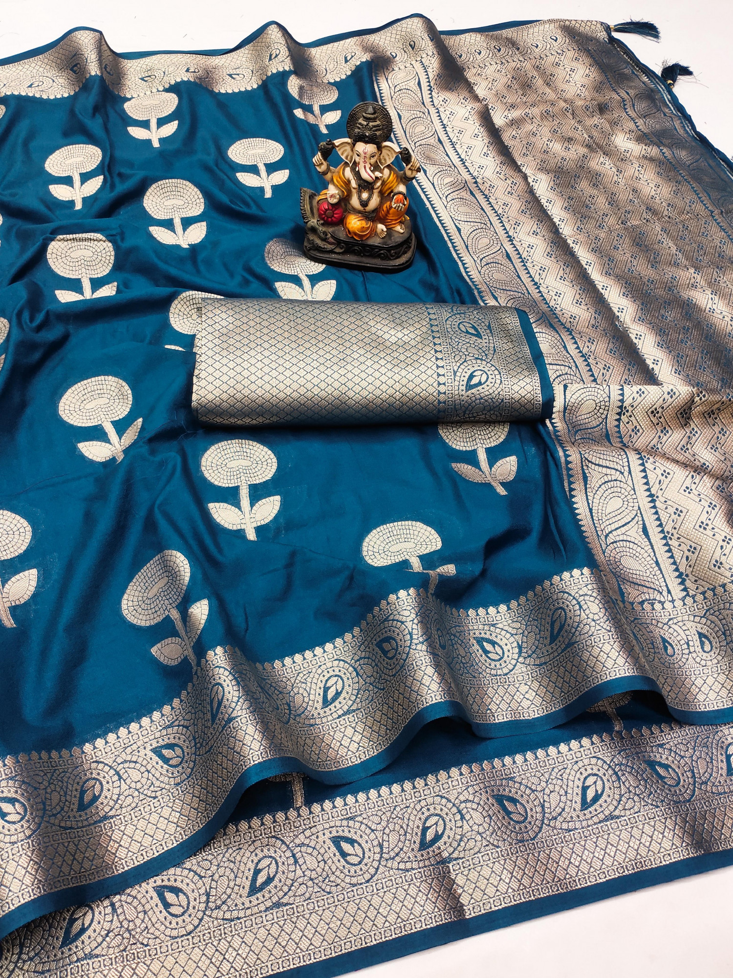 Teal Banarasi Soft Georgette Silk Zari Weaved Rich Pallu Border Saree