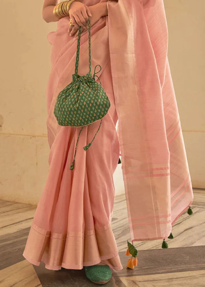 Pure Organza Silk Zari Weaved Border And Striped Pallu Saree