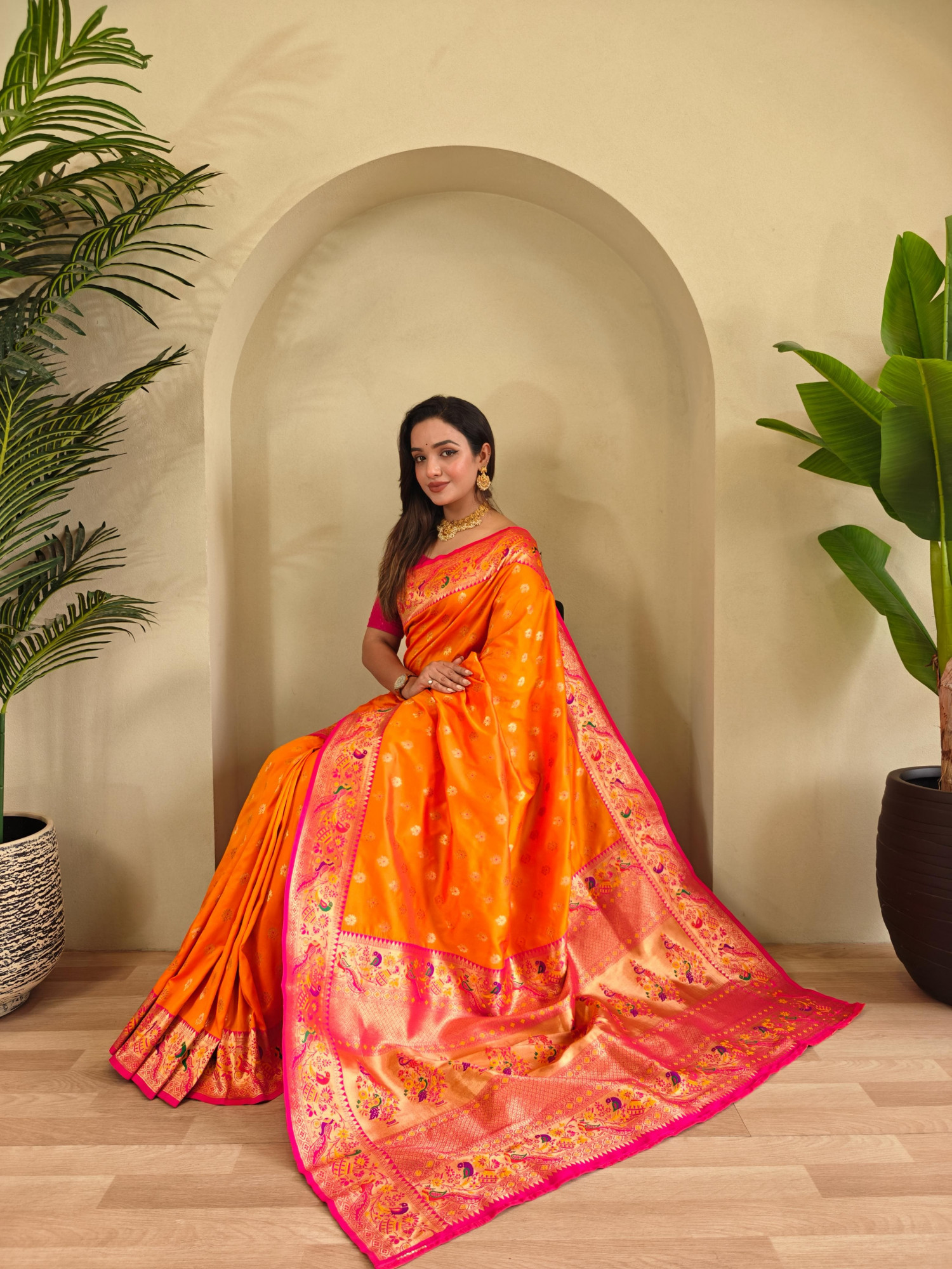 Orange Banarasi Paithani Silk Zari Meena Weaved Contrast Saree