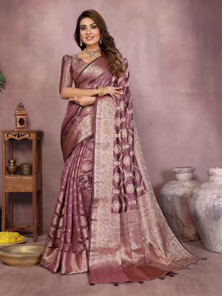 Image of Onion Soft Organza Silk Rich Zari Weaved Body Pallu Border Saree