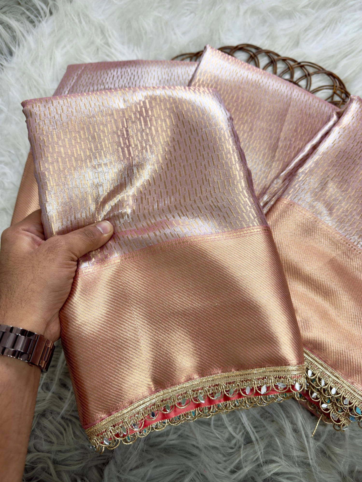 Pastel Pink Pure Banarasi Tissue Silk Shimmering Silver Shine Body Gold Zari Lace Border Saree