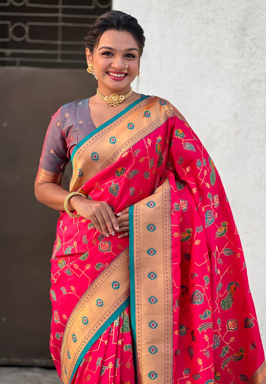 Red Pure Banarasi Paithani Silk Zari Meena Weaved Saree