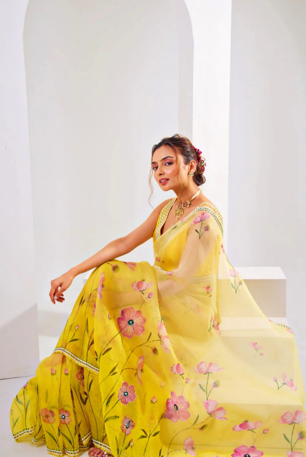 Yellow Soft Organza Tebby Silk Printed Khatli Border Saree