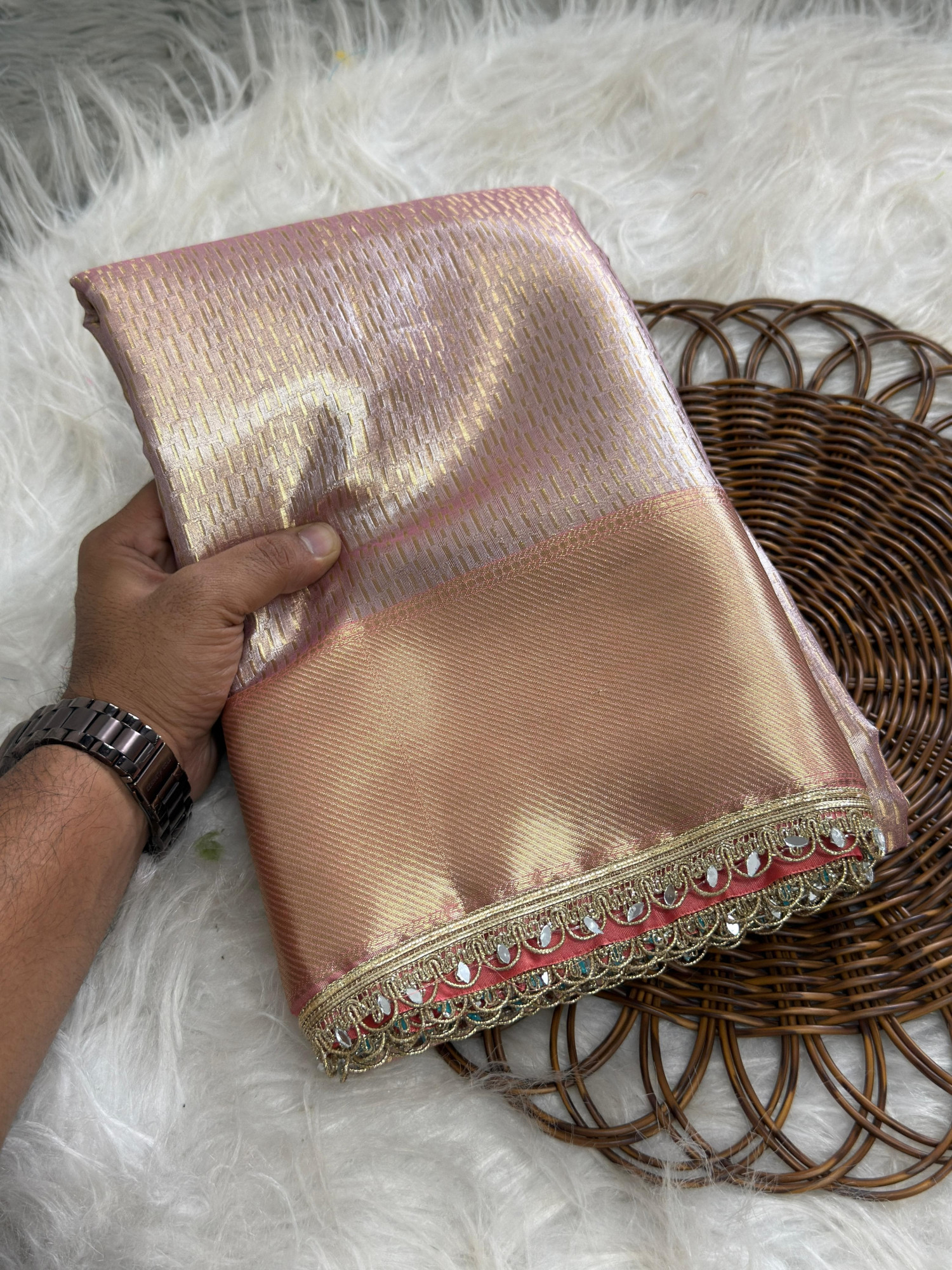 Pastel Pink Pure Banarasi Tissue Silk Shimmering Silver Shine Body Gold Zari Lace Border Saree