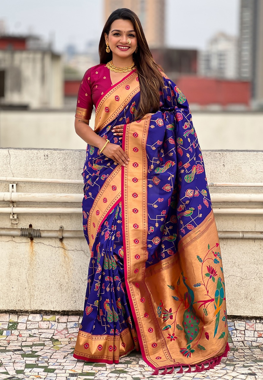 Royal Blue Pure Banarasi Paithani Silk Zari Meena Weaved Saree