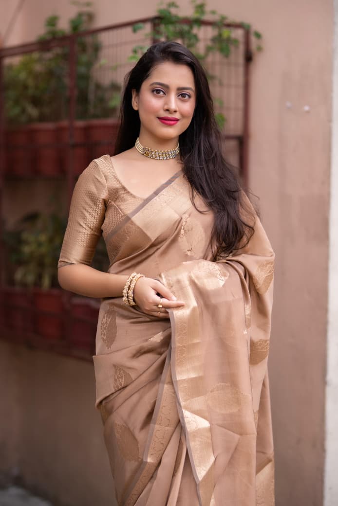 Beige Organza Silk Zari Weaved Rich Pallu Saree