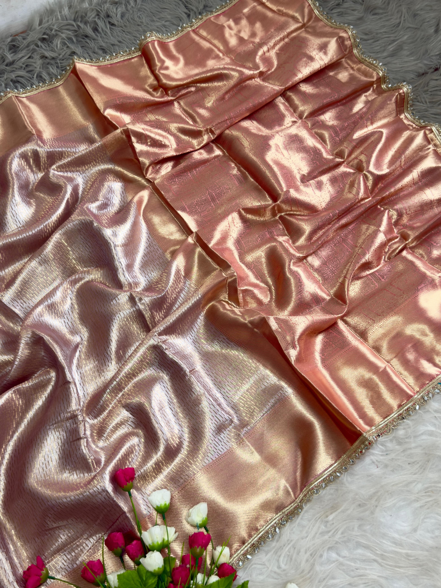 Pastel Pink Pure Banarasi Tissue Silk Shimmering Silver Shine Body Gold Zari Lace Border Saree