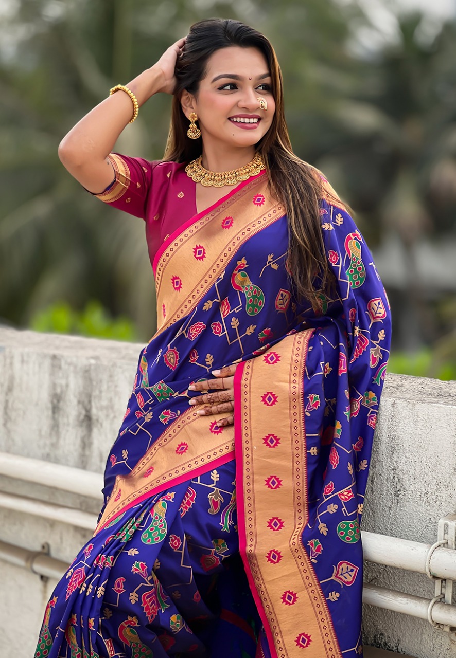 Royal Blue Pure Banarasi Paithani Silk Zari Meena Weaved Saree
