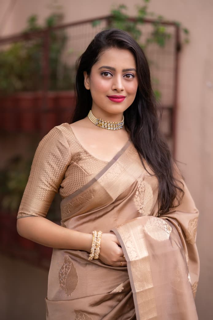 Beige Organza Silk Zari Weaved Rich Pallu Saree